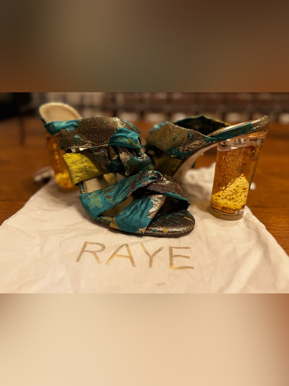 RAYE Teal & Gold Braided Strap Heels